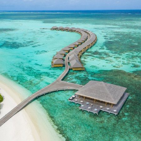 Birds-eye view of the Manta restaurant and over-water villas.