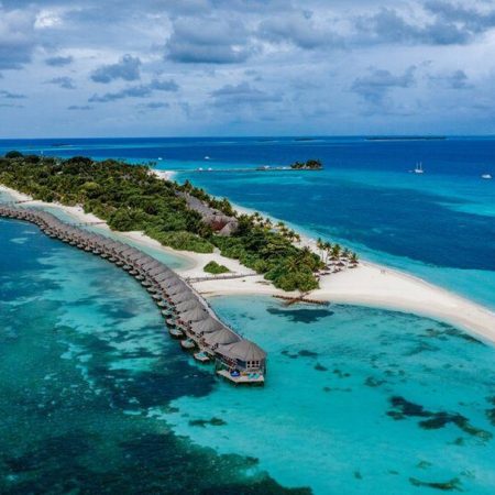 Areal of Kuredu with water villas and sandbank
